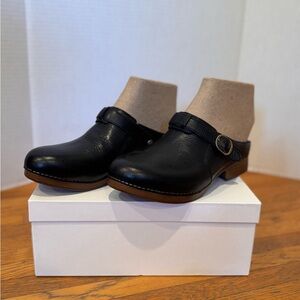 Dansko Black Leather Clog Mules with Buckle Detail
